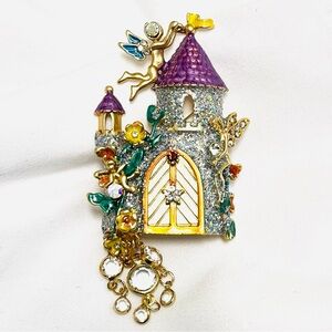 Castle Brooch, NIP, Fairytale w/ Purple & Gold Accents, chains dangle below, FUN